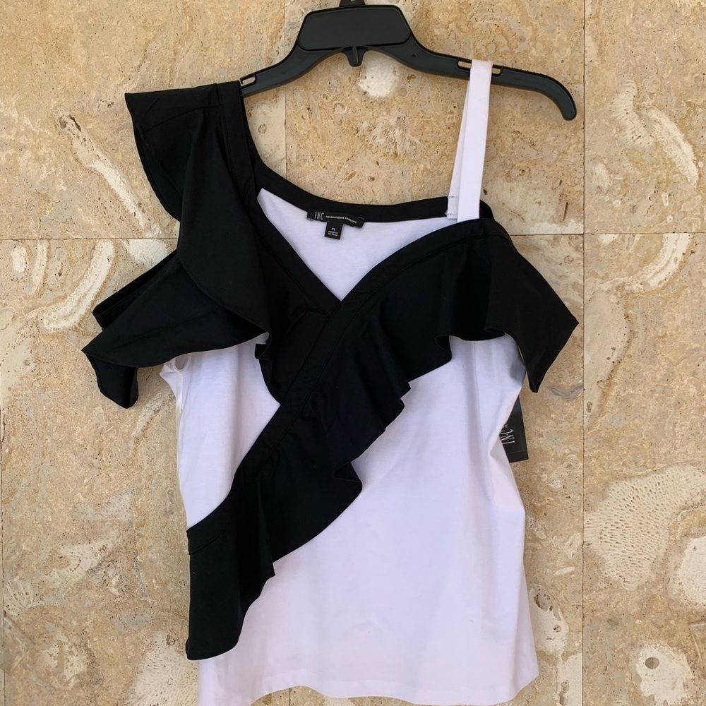 INC International Concepts Black and White Ruffle Blouse